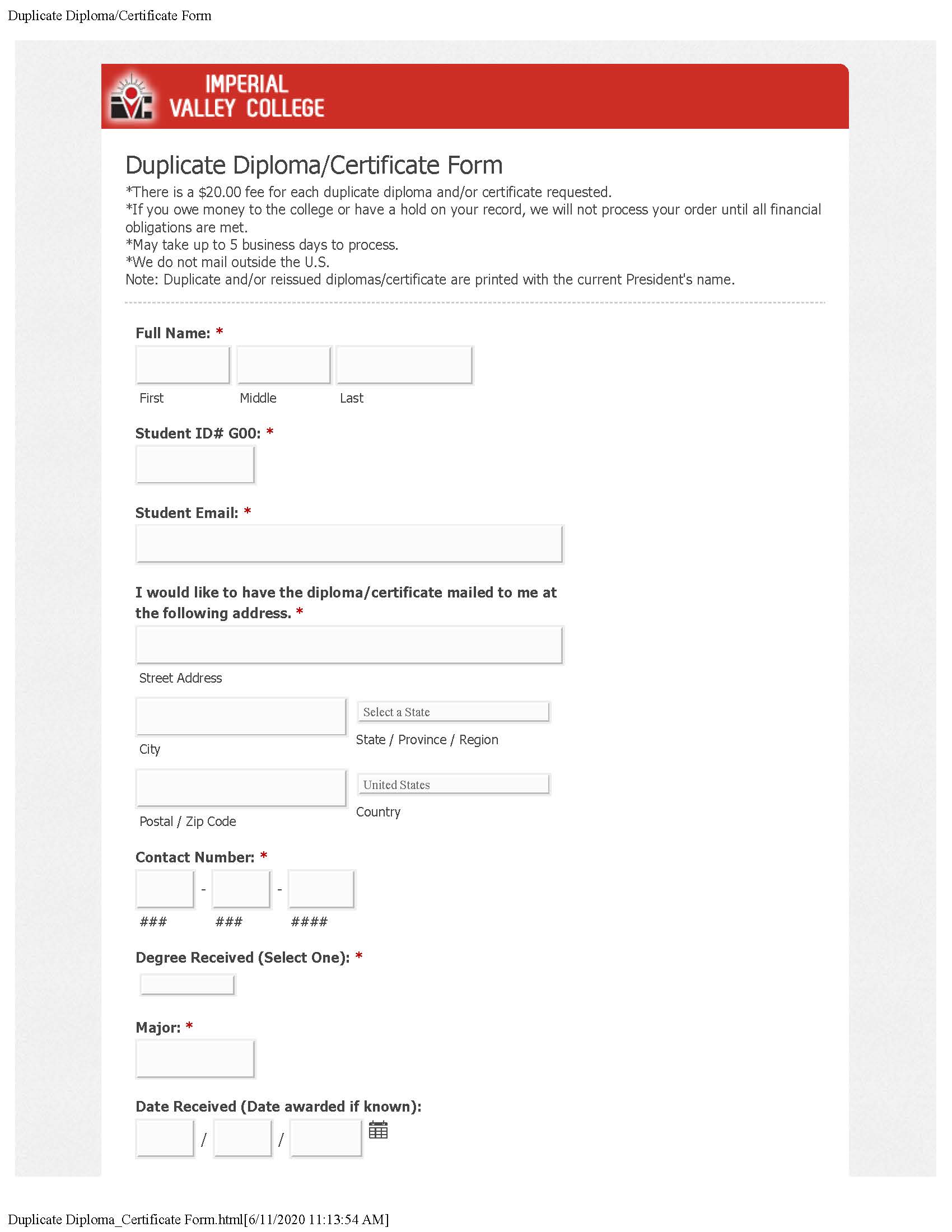 Duplicate Diploma Certificate Form