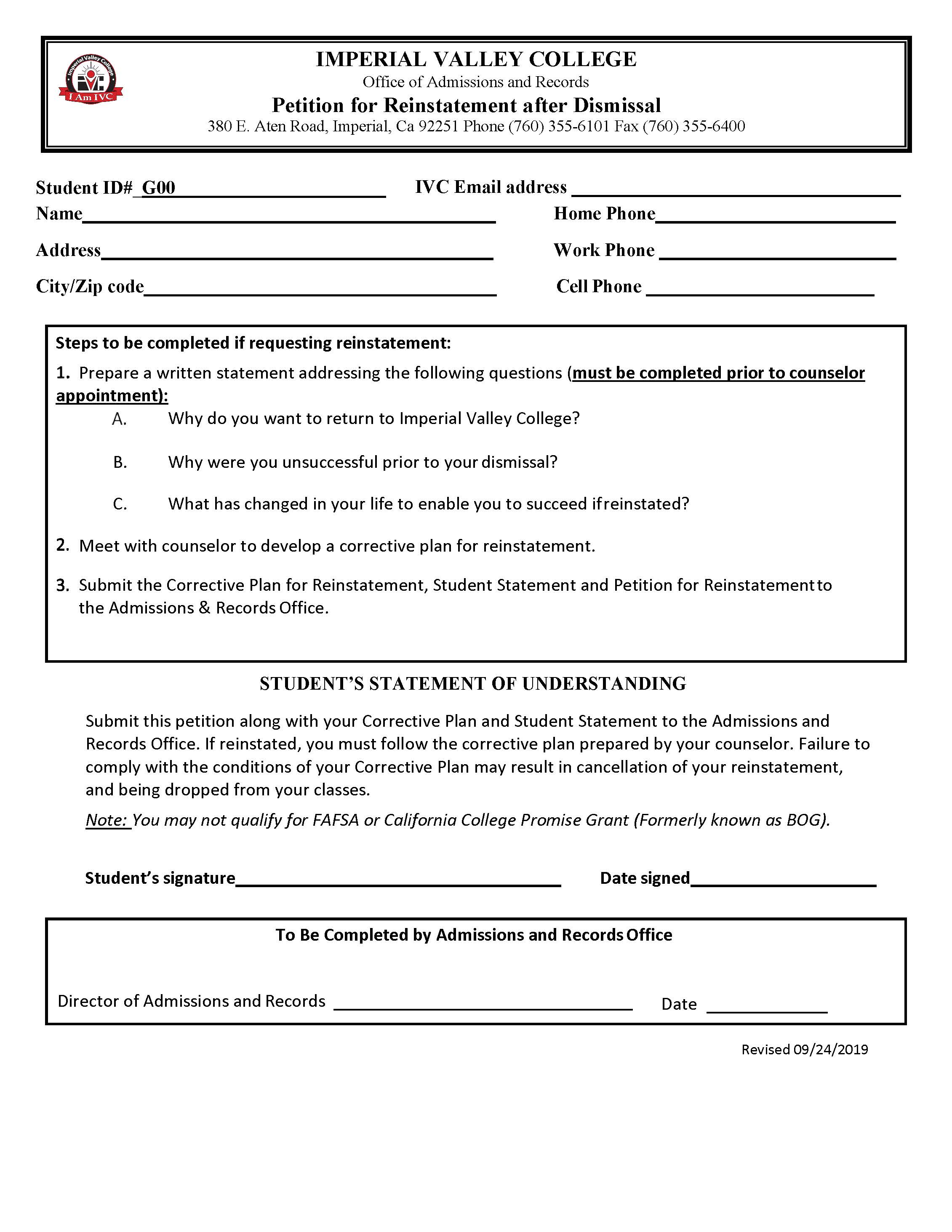Petition for Reinstatement After Dismissal & Counselor's Form