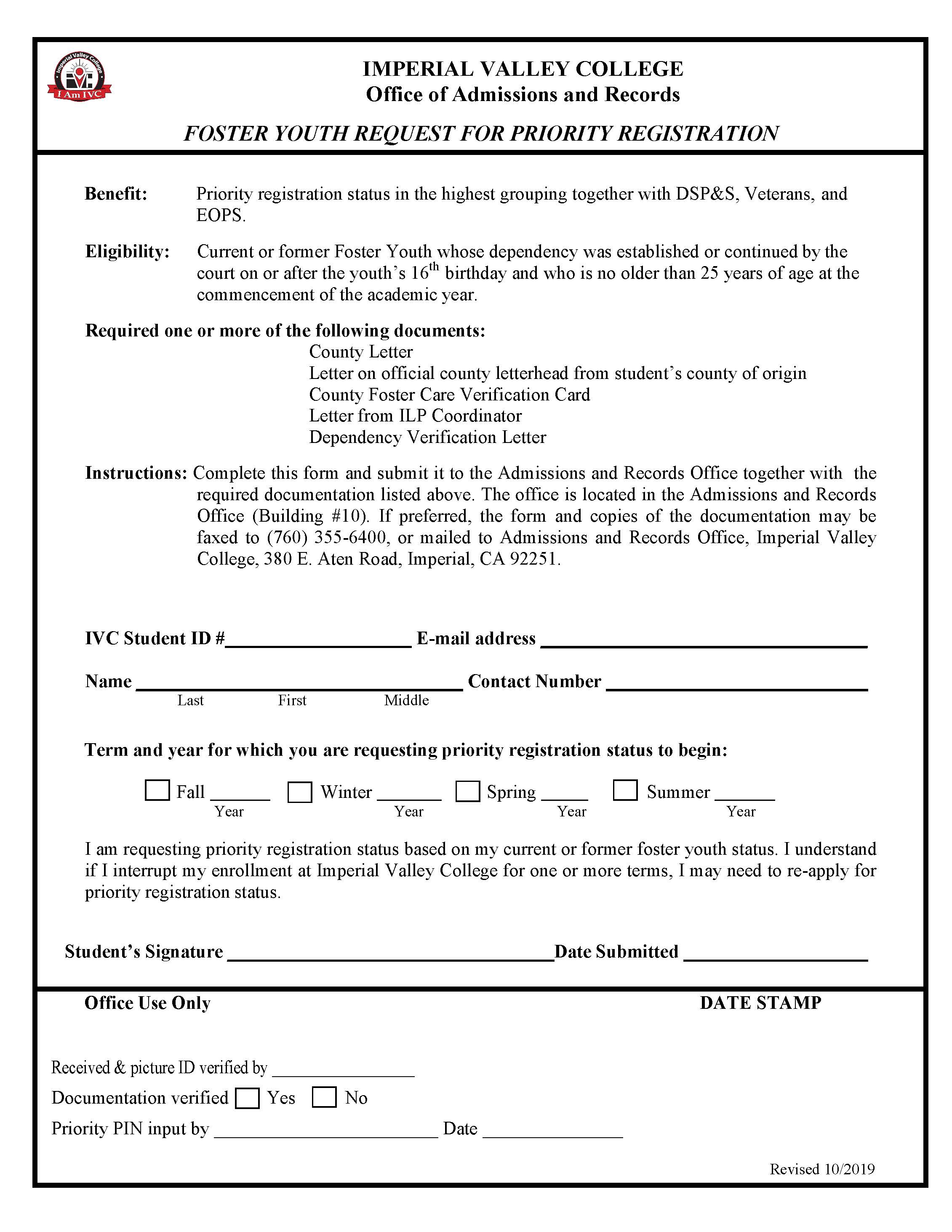 Request Form - Foster Youth Priority Registration