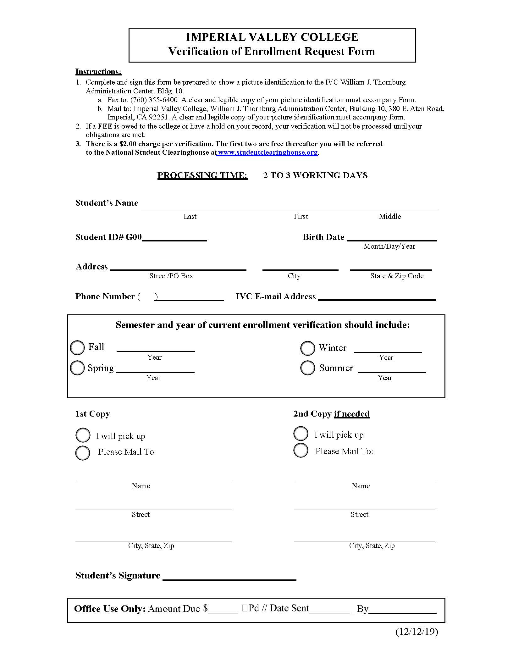Enrollment Verification Form