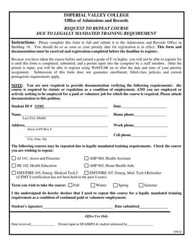 Repeat Petition - Legally Mandated Training Requirement