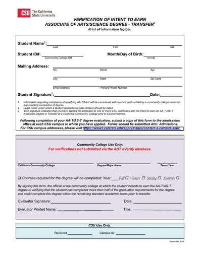 Verification of Intent to Earn Associate of Arts/Science Degree Transfer (ADT FORM)