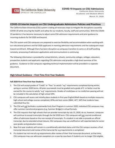 CSU Undergraduate Admissions COVID 19 Impacts for CDE