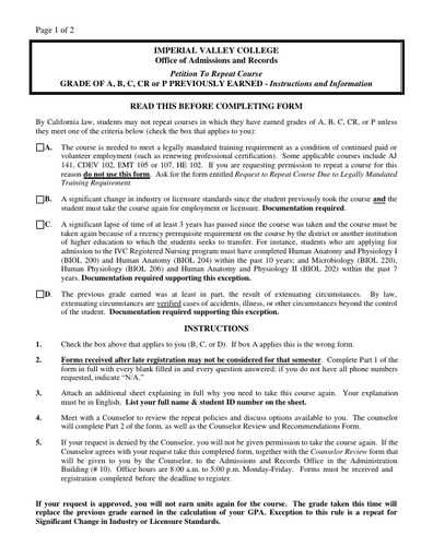 Repeat Petition Form Grade of A, B, C, CR or P Previously Earned.